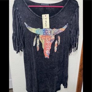 T Party License Plate Bull Skull Fringe Top